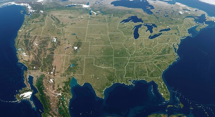 Satellite View of the United States of America Showing Diverse Geography and Major Water Bodies.
