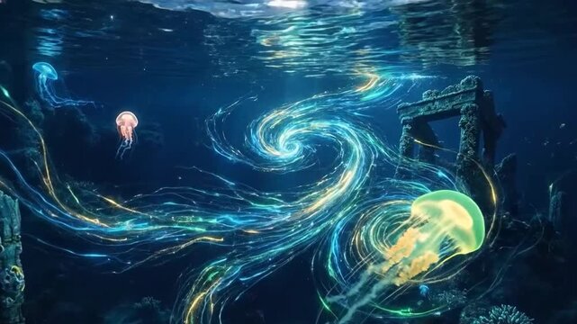Jellyfish swim gracefully through swirling ocean currents near ancient underwater ruins.
