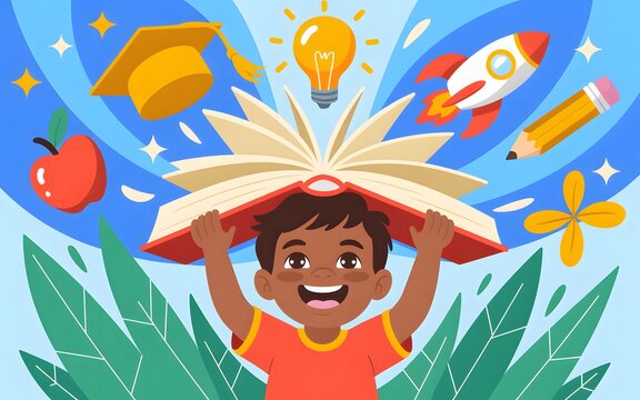 Joyful child holding an open book above their head with educational symbols