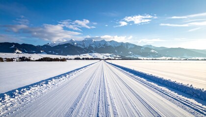 Snowy Road Leading to Majestic Mountains Under a Clear Blue Sky.