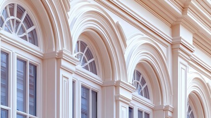 Close-up of a building facade featuring arched windows and ornate architectural details, bathed in natural daylight.