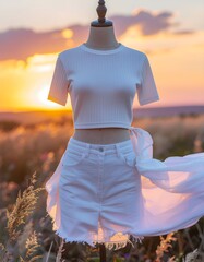 White Outfit on Mannequin at Sunset in Field, Fashion Concept