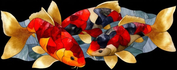 Vibrant abstract depiction of koi fish with intricate stained-glass patterns and gold accents, set against a dark background