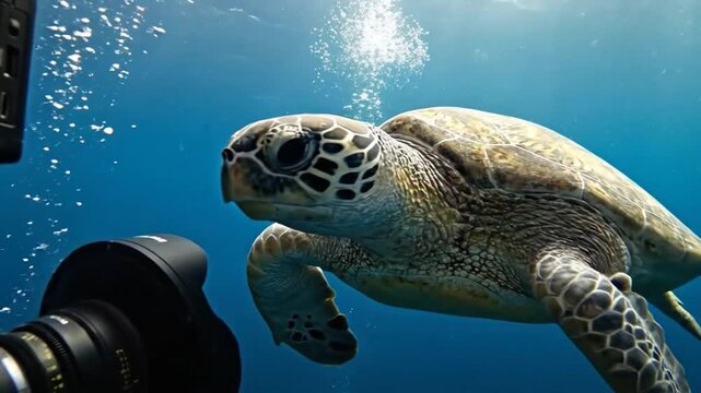 A turtle swims toward the camera underwater.