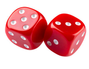 Pair of Red Dice Mid-Roll, Dynamic Action Shot with Motion Blur, Isolated on Transparent Background