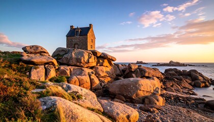 Stone House on the Pink Granite Coast of Brittany at Sunset.