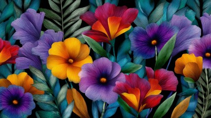 Vibrant stained glass style floral pattern featuring colorful flowers and lush leaves on a dark background