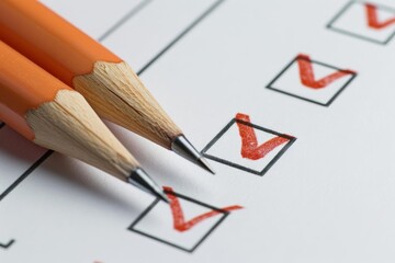 Two pencils are checking off red check mark boxes on white paper