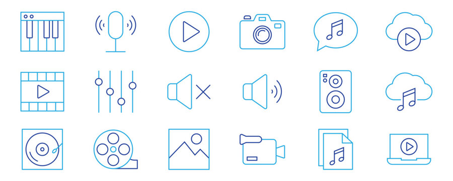 Content line icons set. Audio and Video line icons set. Containing Music, camera, microphone, webcam, cinema, and more. Vector illustration