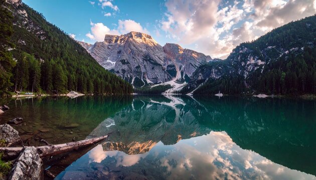 A scenic landscape featuring a mountain lake reflecting the surrounding mountains, trees, and sky at sunset.