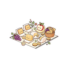 Cheese picnic scene with apple grapes cookies vector illustration