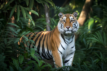 Tiger emerges from dense green jungle foliage