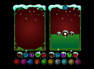 christmas rpg card frame with snow fantasy ui template and skill orb icons winter themed collectible card design elements red background green border game asset pack