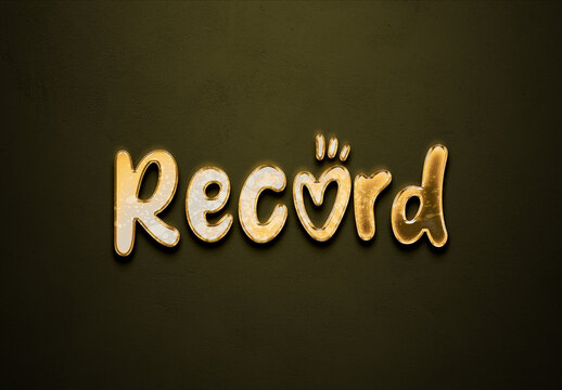 Old gold text effect of word Record with 3D glossy style Mockup.	