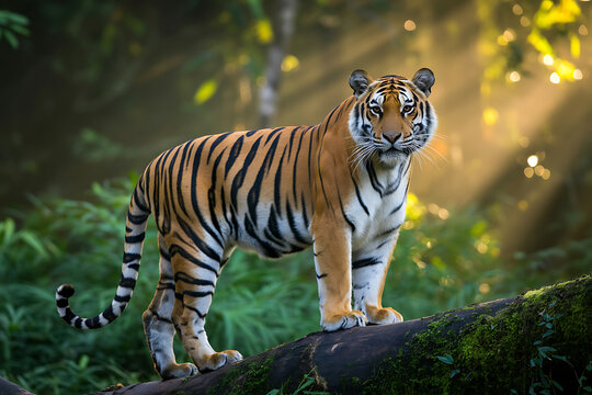 Tiger in Sunbeams on a Forest Log Bengal tiger animal