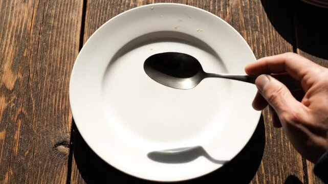 An empty plate with a spoon is placed on a wood table a hand is also visible