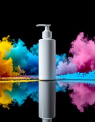 White Pump Bottle on Reflective Surface with Colorful Powder Background