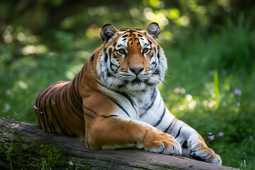 Tiger relaxing on a log with flowers in the background
