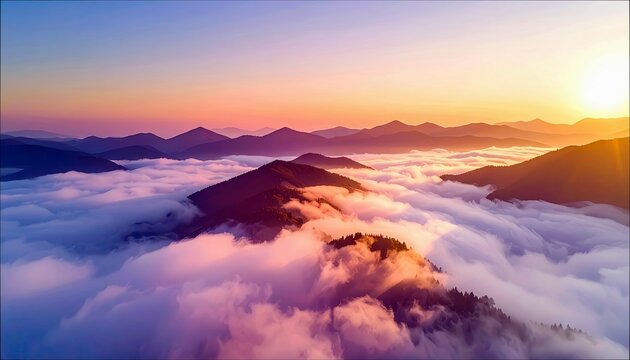 An aerial view of mountains rising above a sea of clouds at sunrise. The sky is filled with vibrant colors. - Powered by Adobe