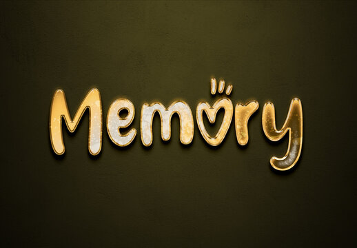 Old gold text effect of word Memory with 3D glossy style Mockup.	