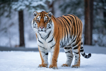 Tiger standing in a snowy forest animal wildlife