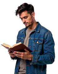 Young man reading a book while wearing a blue denim jacket indoors