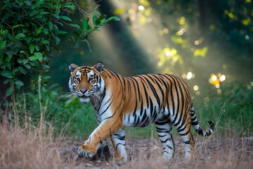 Tiger Walking Through Dry Grass in Forest Bengal tiger