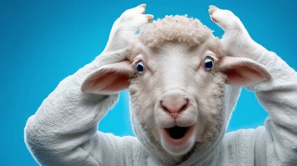 A sheep wearing a white hoodie shows a surprised expression with its mouth open and wide eyes on a blue backdrop