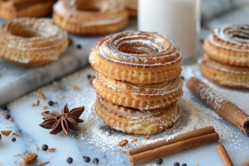 Fototapeta premium Delicious donuts sprinkled with icing sugar, accompanied by cinnamon sticks and star anise, creating a tempting culinary scene