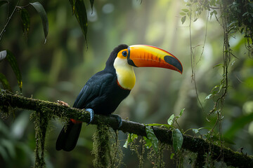 Obraz premium Toucan Perched on Mossy Branch in Lush Rainforest bird