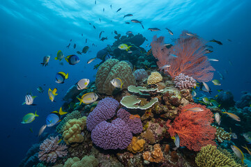 Underwater coral reef with diverse fish and colorful sea fans