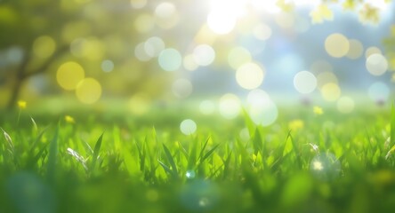 Fototapeta premium Lush Green Grass with Bokeh Lights - A Serene Spring Scene.