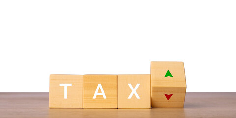 Wooden blocks with tax word and up down arrows for tax rate change concept, isolated on transparent background