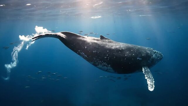 A large whale glides gracefully through the deep blue ocean water.