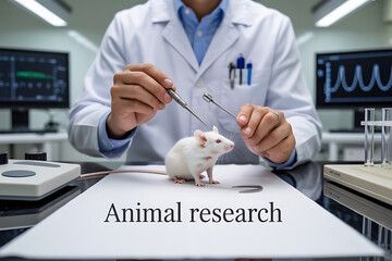 White mouse and scientist with text Animal Research