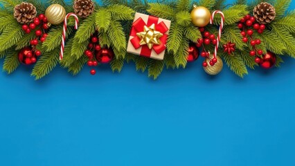 Christmas decorations with gift box and ornaments on blue background for holiday season celebration