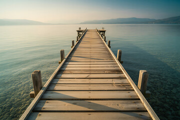 Wooden pier extending into calm lake at sunrise jetty
