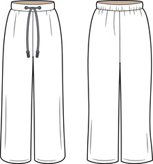 Flat fashion sketches of wide leg pants front and back views trousers culottes