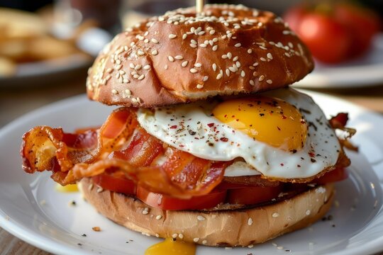 Tasty burger with fried egg, bacon strips, tomato slices and sesame bun is waiting to be eaten