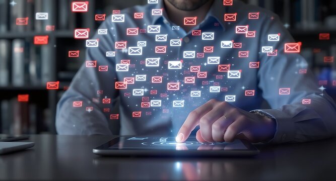 Man using tablet with email icons floating above it. - Powered by Adobe