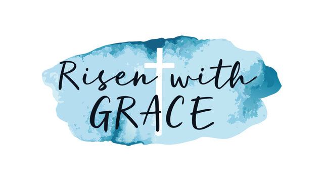 Risen with grace christian typography featuring a white cross silhouette on a blue watercolor splash background
