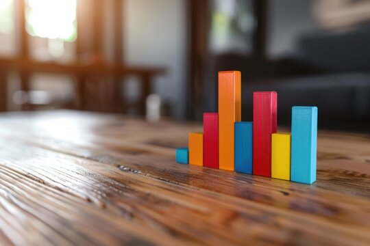 Colorful wooden blocks arranged as a growing graph on a wooden table, representing increasing business success - Powered by Adobe