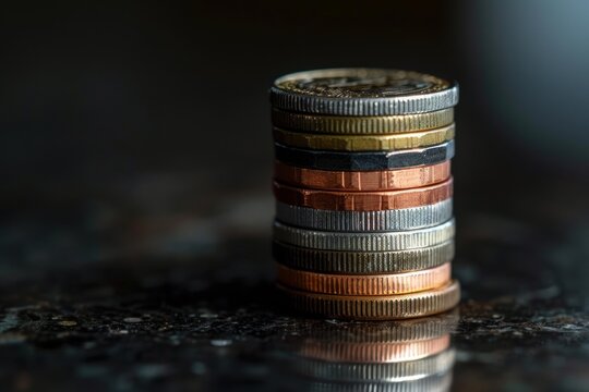Stack of various euro coins on dark marble surface representing savings, investment, and finance - Powered by Adobe