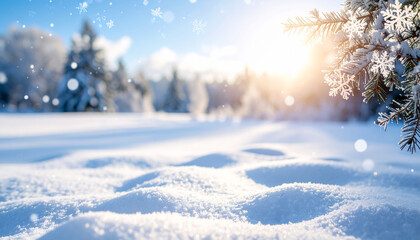 Paisaje de invierno con cielo azul, nieve y abetos nevados, concepto de frio invernal y bajada de temperaturas o navidad, con espacio para texto y publicidad