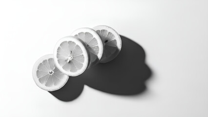 Minimalist black and white overhead view of three fresh lemon slices casting a dramatic shadow on a white surface