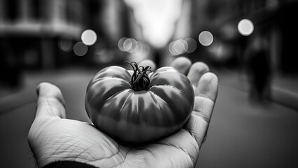 Closeup black and white shot of a single heirloom tomato held in an open hand against a blurred city street background