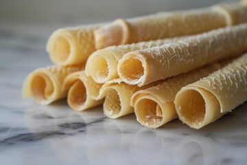 Rolled wafer cookies, dusted with powdered sugar, create a visually appealing arrangement on a marble surface