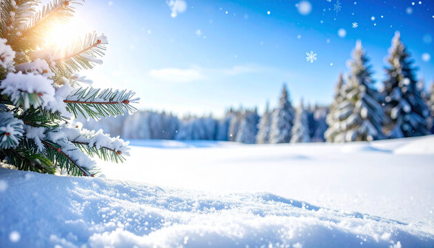 Paisaje de invierno con cielo azul, nieve y abetos nevados, concepto de frio invernal y bajada de temperaturas, con espacio para texto y publicidad de la magia de la navidad
