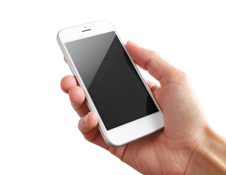 Hand Holding White Smartphone Tilted Downwards, Thumb Ready for Scrolling, Isolated Transparent PNG - Powered by Adobe