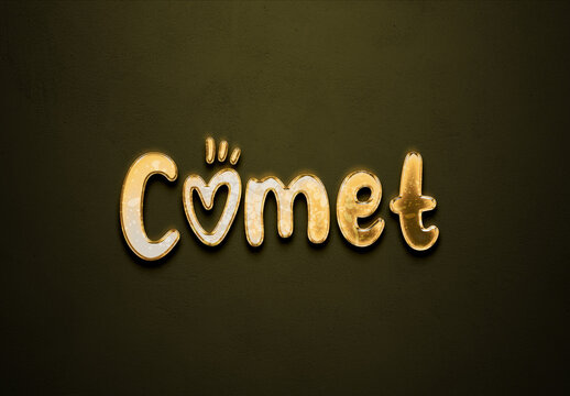 Old gold text effect of word Comet with 3D glossy style Mockup.	
